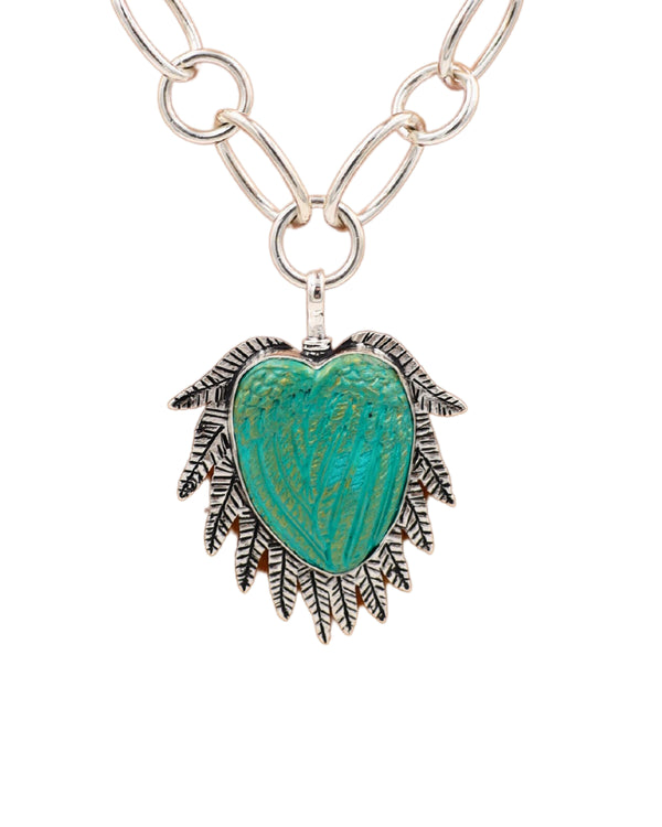 COREEN CORDOVA TEAL HEART WITH SILVER FEATHERS PENDANT