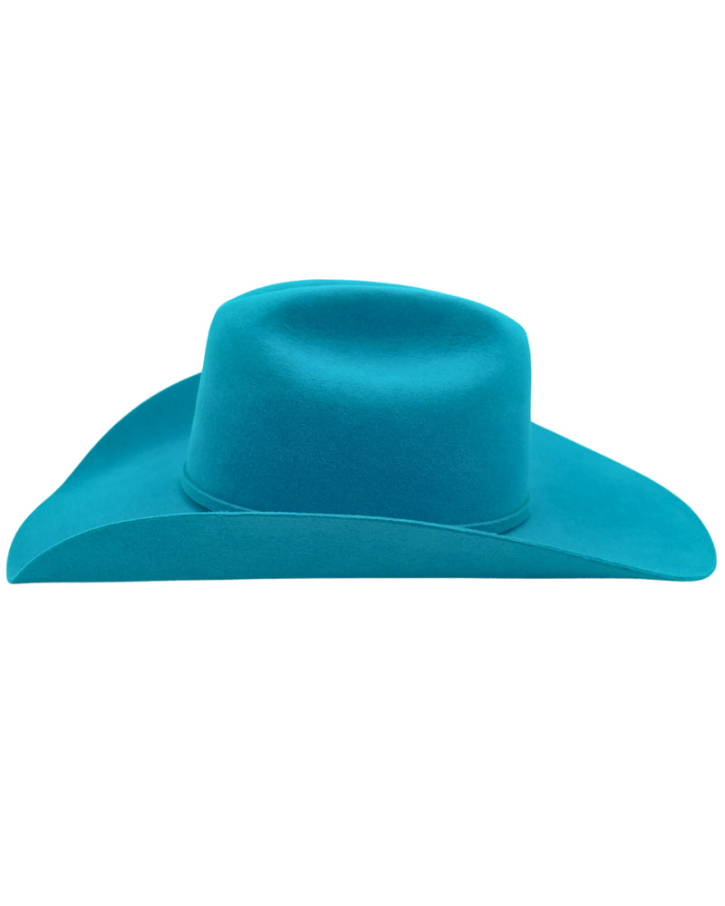 Felt cowboy hat in turquoise color with felt hat band and buckle set on the side