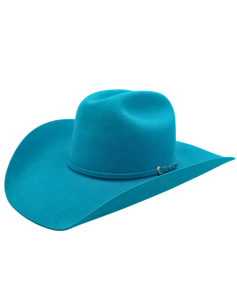 Felt cowboy hat in turquoise color with felt hat band and buckle set on the side