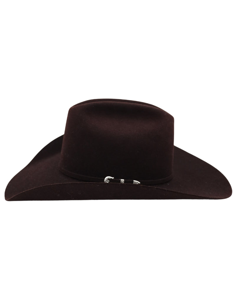 Felt cowboy hat in a rich brown red color with felt hat band and buckle set on the side