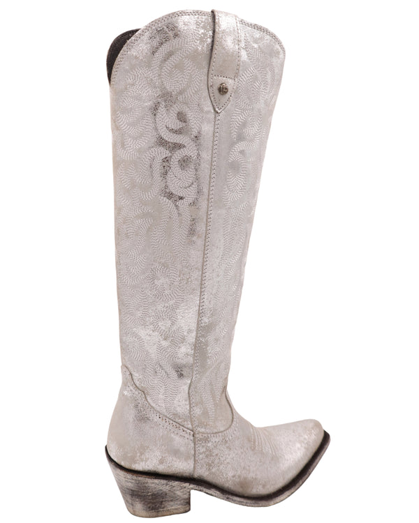 METALLIC WHITE AND SILVER BOOT WITH ZIPPER UP THE SHAFT