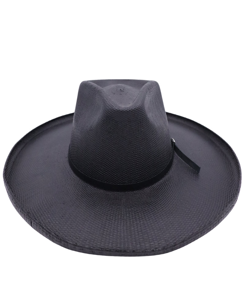 Black straw pencil rolled brim with leather hat band and Maverick Circle M logo hat pin