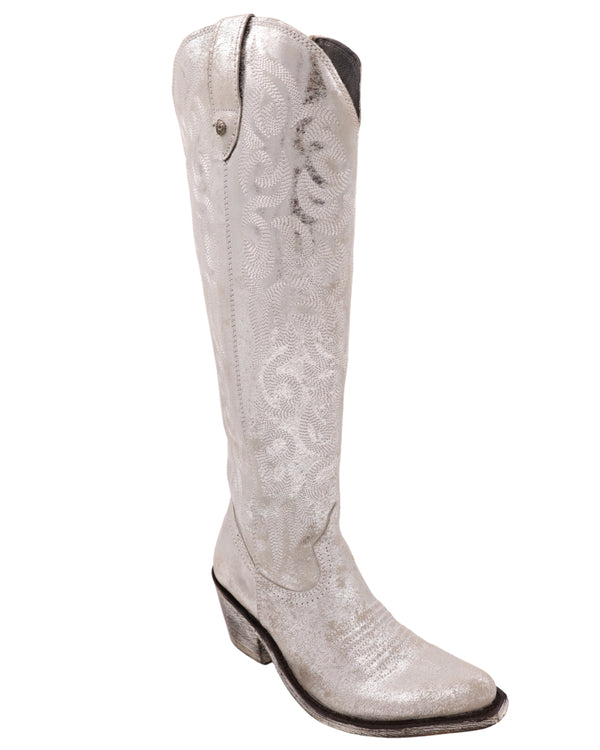METALLIC WHITE AND SILVER BOOT WITH ZIPPER UP THE SHAFT