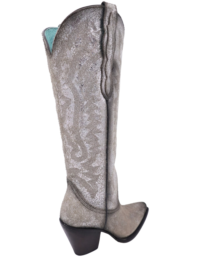 Metallic distressed silver cowboy boot with tall shaft, snip toe and ornate pull tabs on the sides