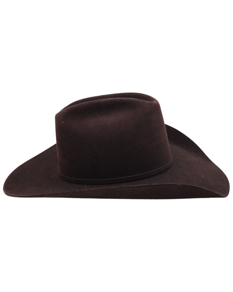 Felt cowboy hat in a rich brown red color with felt hat band and buckle set on the side