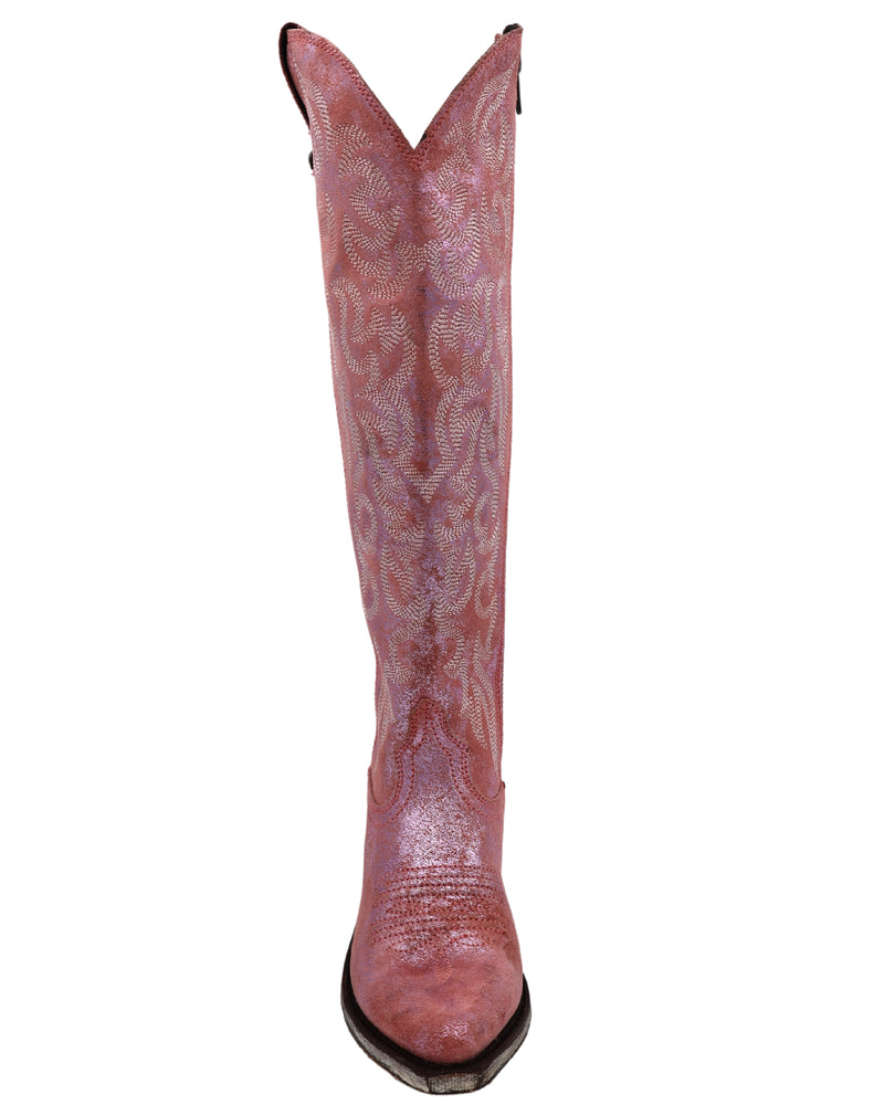 Pink metallic cowboy boots with rounded point toe, side zipper and western embroidery on the shaft