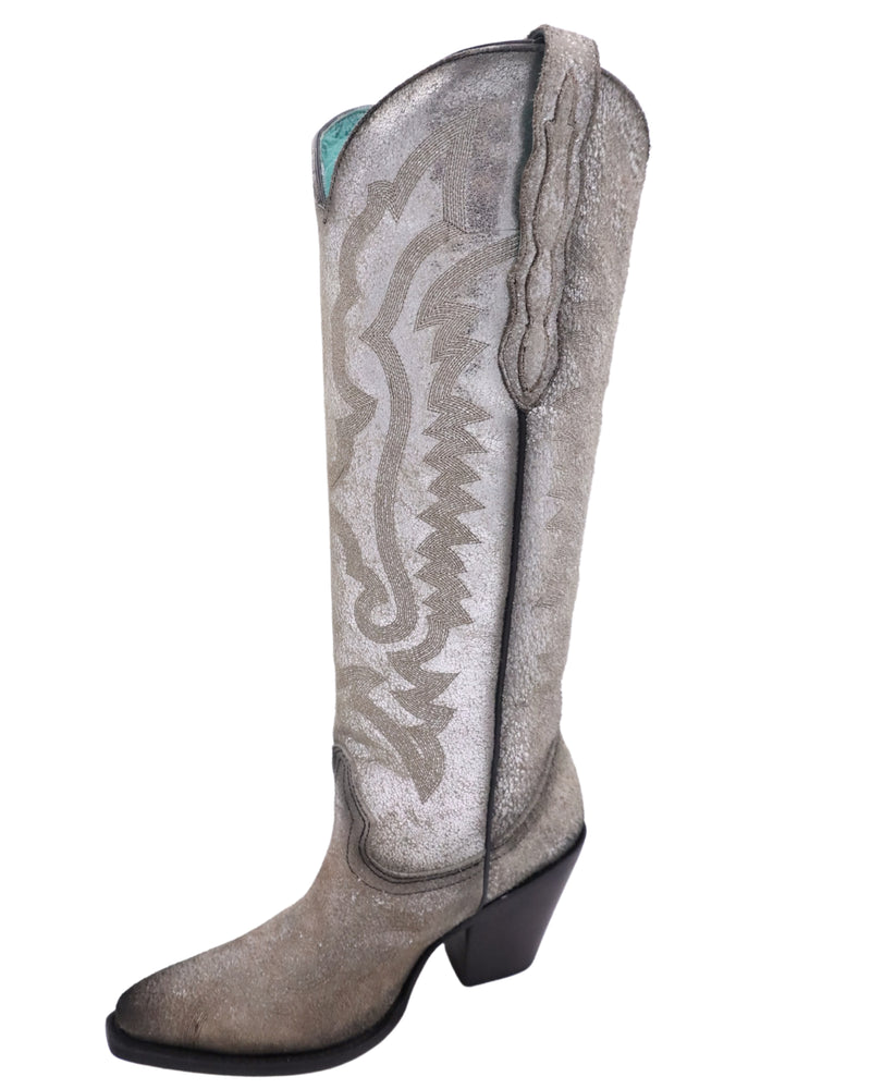 Metallic distressed silver cowboy boot with tall shaft, snip toe and ornate pull tabs on the sides