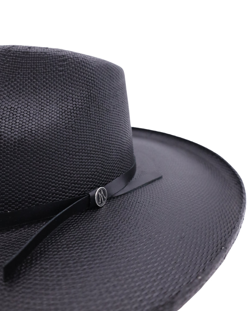 Black straw pencil rolled brim with leather hat band and Maverick Circle M logo hat pin