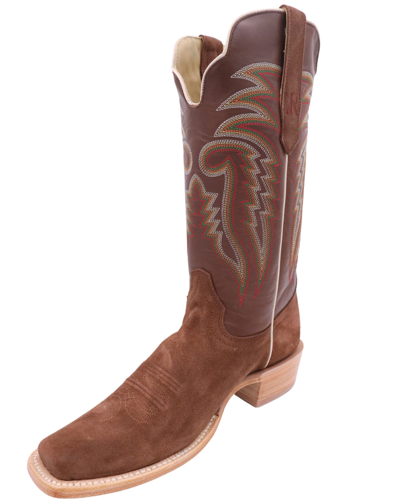 R. Watson cowboy boot with chocolate rough out leather on vamp and chocolate calf leather on the shaft