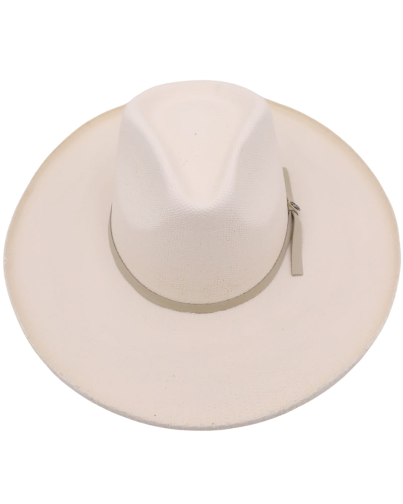 Pencil rolled brim straw ivory hat with leather hat band and Maverick Circle M logo hat pin