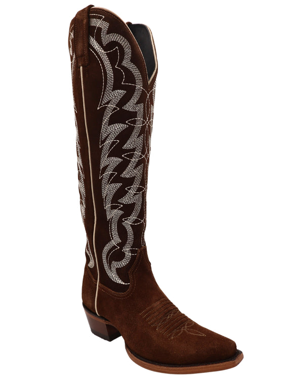 Brown roughout cowboy boots with tall shaft, side zippers and snip toe detail