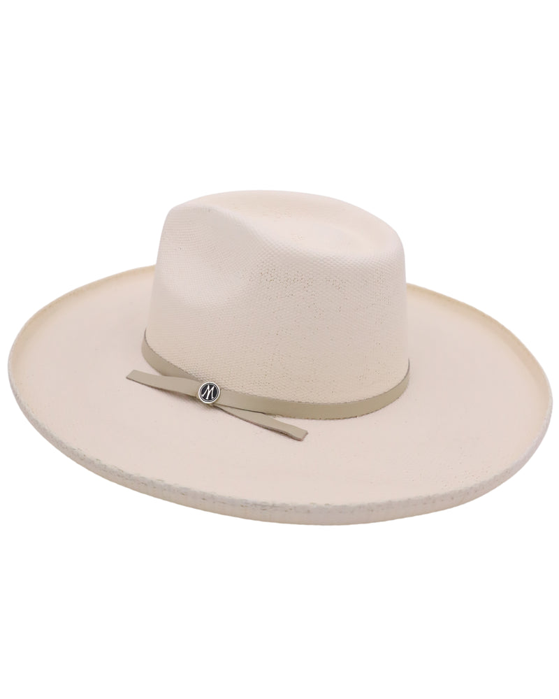 Pencil rolled brim straw ivory hat with leather hat band and Maverick Circle M logo hat pin