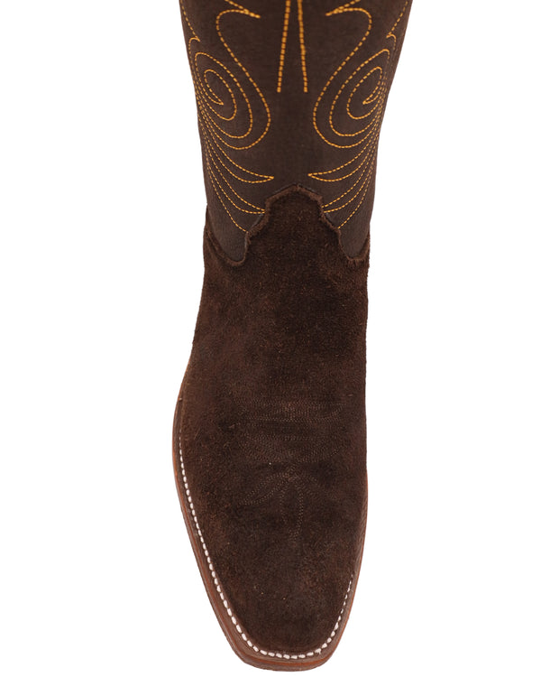 Brown leather cowboy boot with rough out vamp and yellow stitching on shaft with spade design