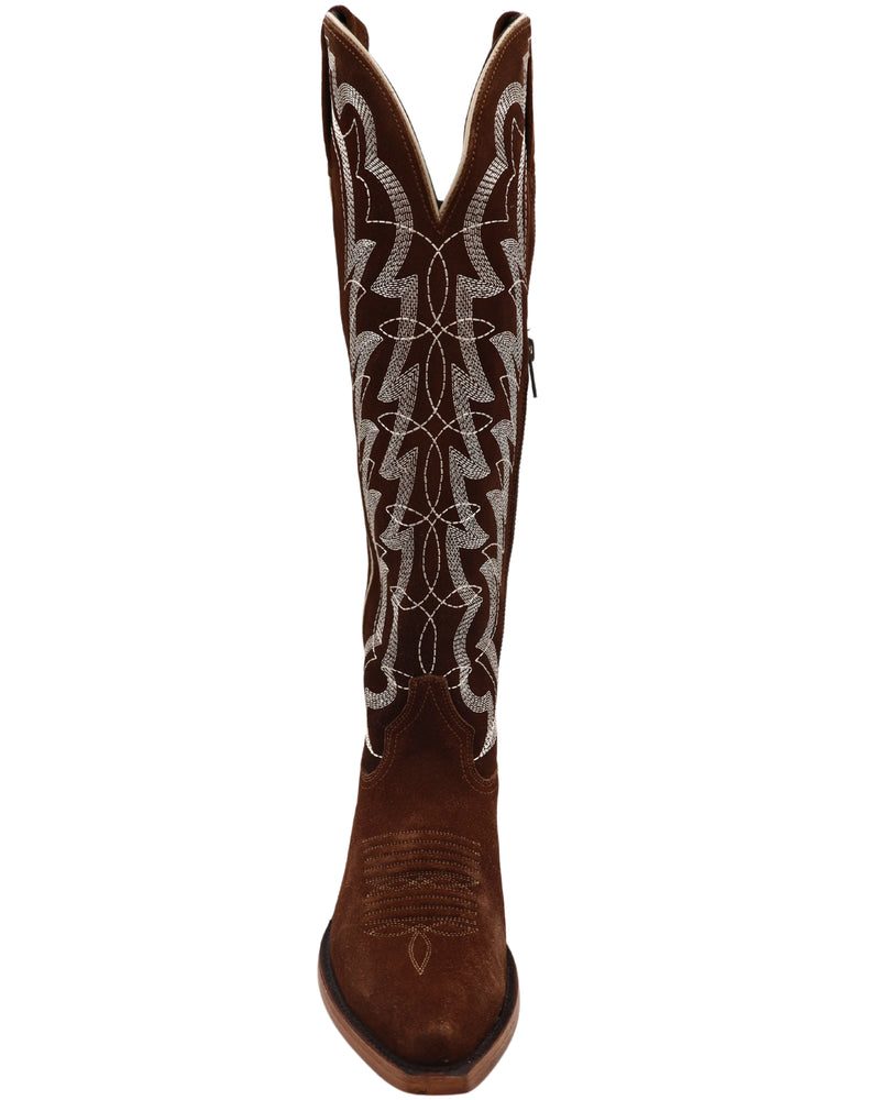 Brown roughout cowboy boots with tall shaft, side zippers and snip toe detail