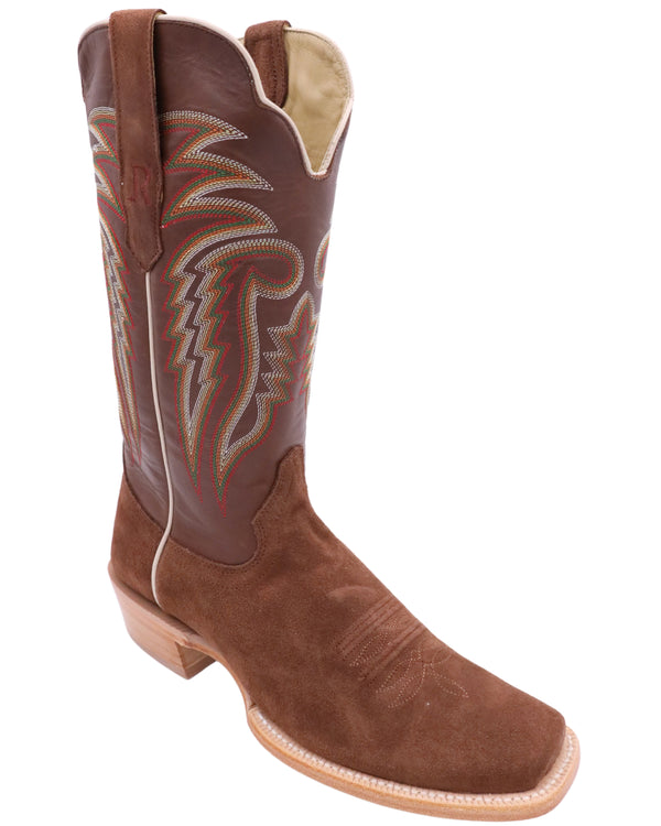 R. Watson cowboy boot with chocolate rough out leather on vamp and chocolate calf leather on the shaft