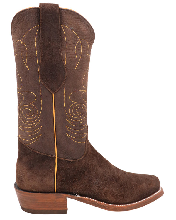 Brown leather cowboy boot with rough out vamp and yellow stitching on shaft with spade design 