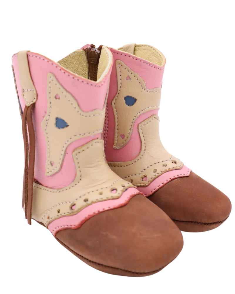 Baby boot with pink, cream, and blue inlay with brown toe and brown fringe on the sides. These boots have interior zippers on them