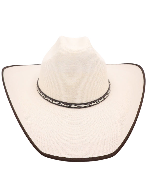 Palm cowboy hat with chocolate brim edge, chocolate and cream hat band and cattleman crown.