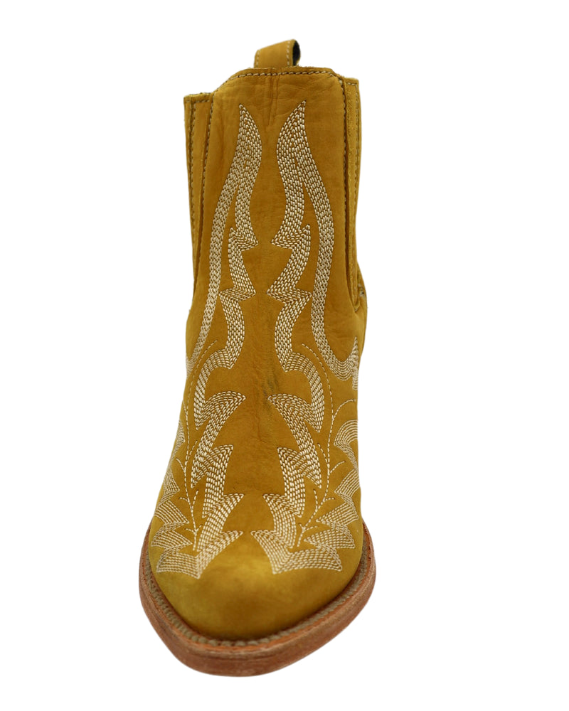 Yellow bootie with elastic side and western stitching on both front and back of the boot