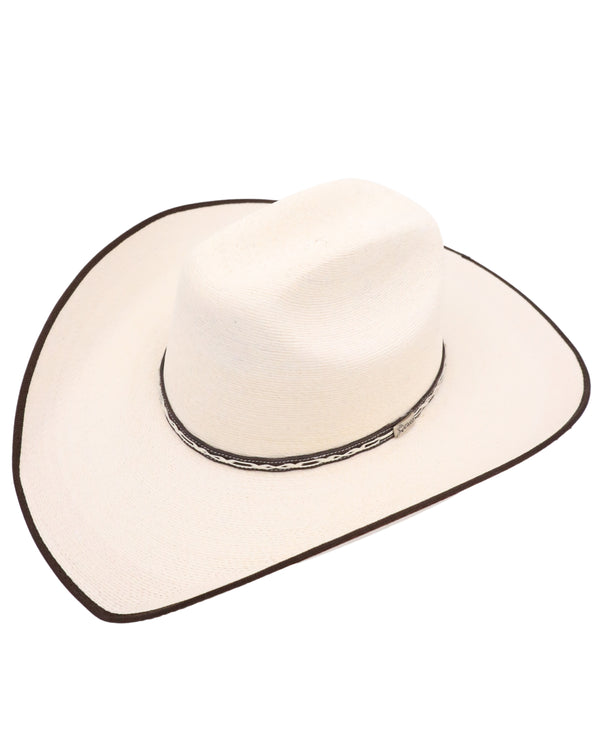 Palm cowboy hat with chocolate brim edge, chocolate and cream hat band and cattleman crown 