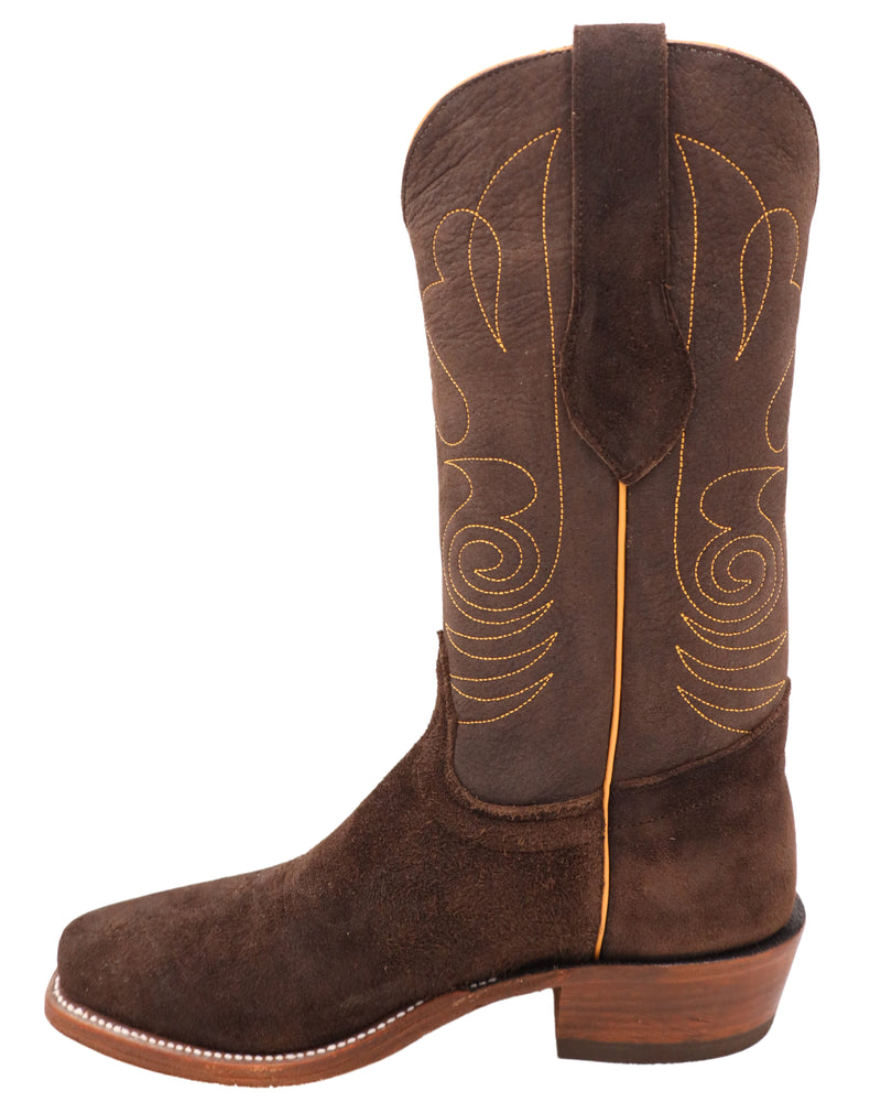 Brown leather cowboy boot with rough out vamp and yellow stitching on shaft with spade design