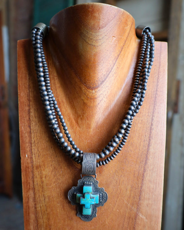 Vintage Turquoise Cross Multi Chains Necklace 