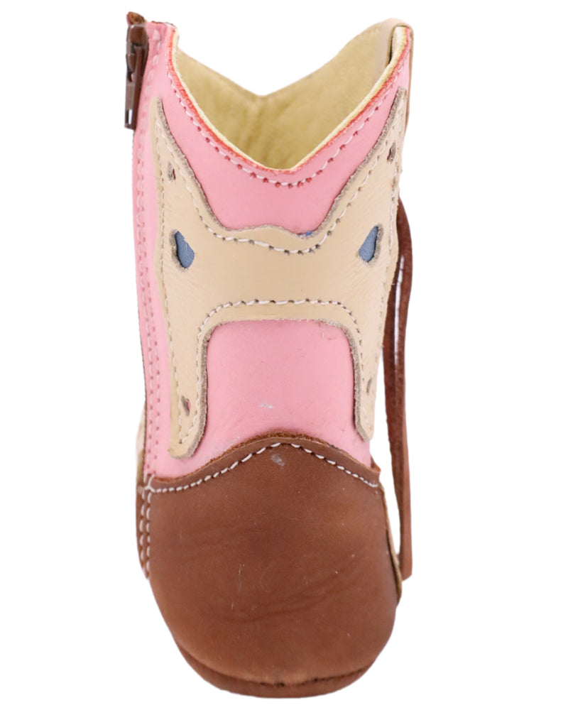 Baby boot with pink, cream, and blue inlay with brown toe and brown fringe on the sides. These boots have interior zippers on them