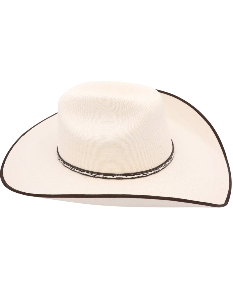 Palm cowboy hat with chocolate brim edge, chocolate and cream hat band and cattleman crown