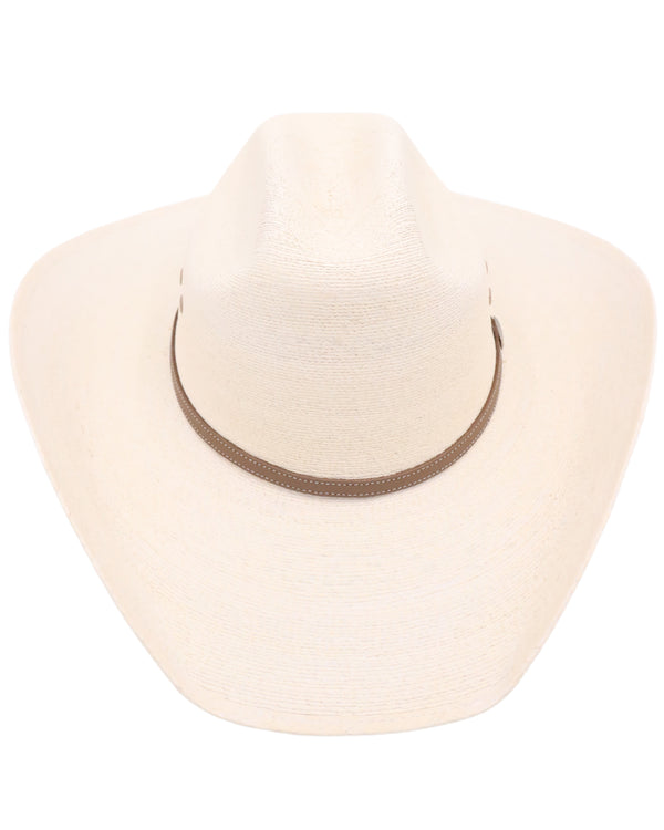 Palm straw hat with tan leather hat band with tan lined eyelets and cattleman crown