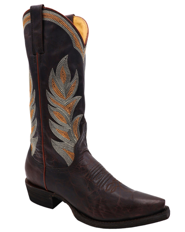 Dark brown cowboy boots with embroidered shaft, leather pull tabs on the side and snip toe detail