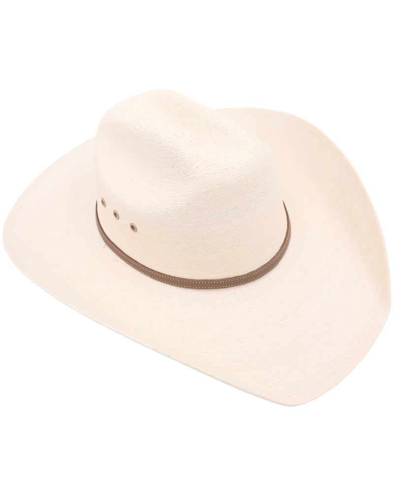 Palm straw hat with tan leather hat band with tan lined eyelets and cattleman crown