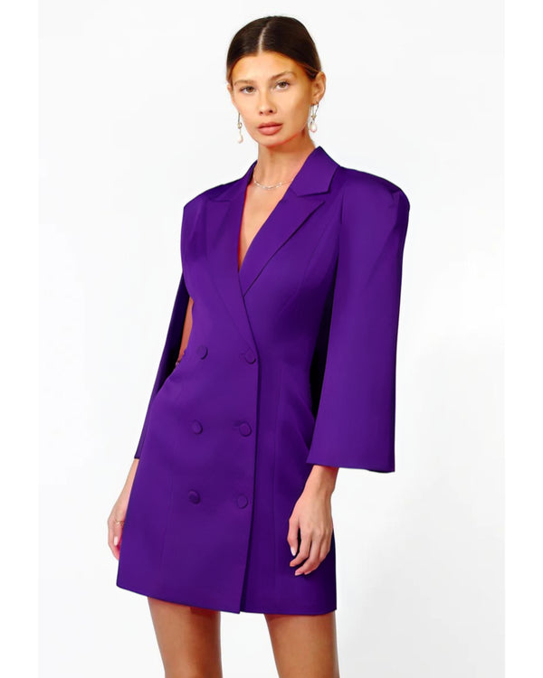 WOMAN WEARING PURPLE BLAZER DRESS WITH CAPE AND BUTTON FRONT
