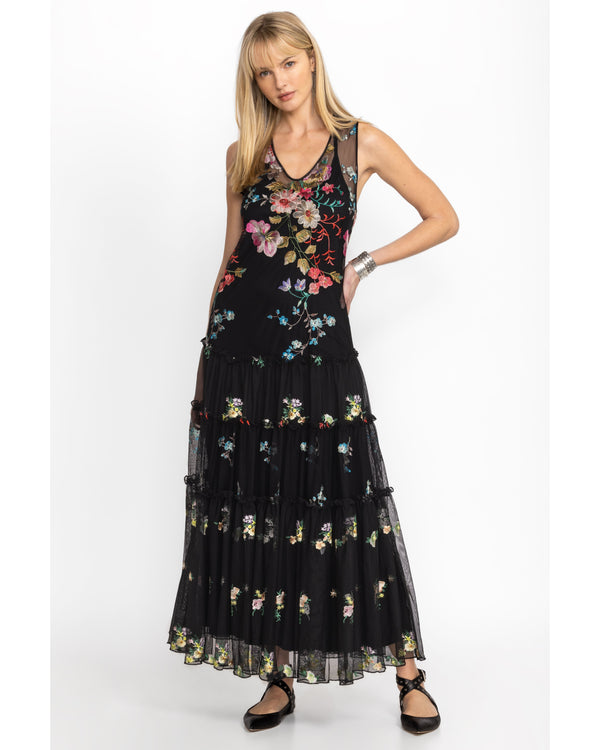 Mesh slip dress in the color black with multicolor flowers embroidered throughout 