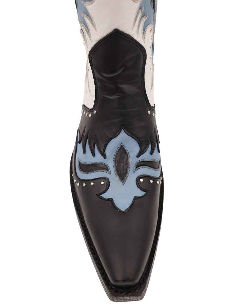 Boot featuring sassy overlay flame design, contrast leather trim, studding throughout, and that subtle metallic heart stitched on the top of the shaft