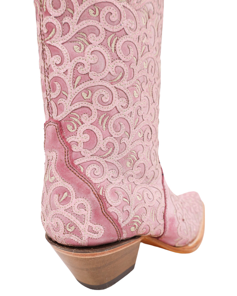 Light pink leather, the shimmery glitter overlay patterns, and that sassy silhouette all in a cowboy boot