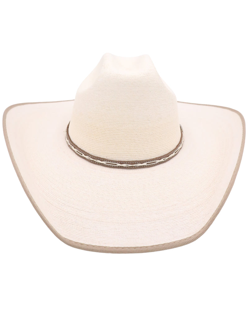 Palm cowboy hat with tan brim edge with tan and white hat band and cattleman crown
