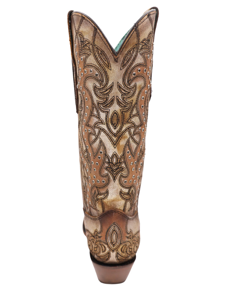 Women's cowgirl boot with metallic gold boot with brown western boot stitch with embroidery and crystals