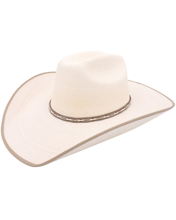 Palm cowboy hat with tan brim edge with tan and white hat band and cattleman crown