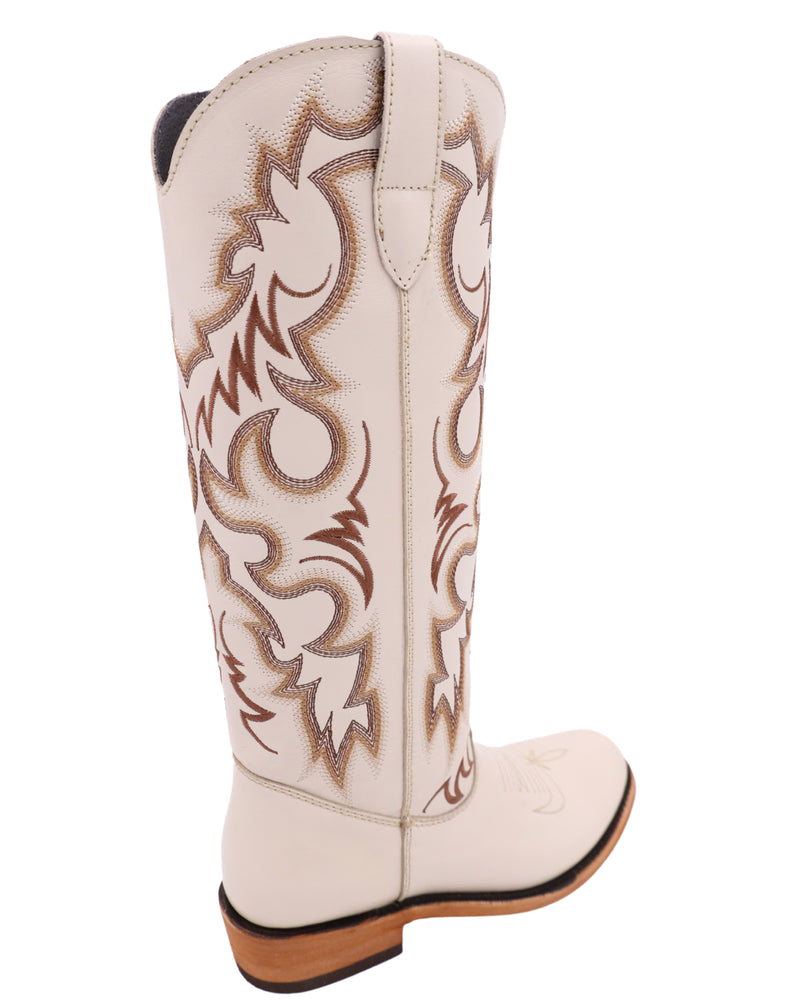Bone color roper toe boot with tan, white and brown stitching and walking heel