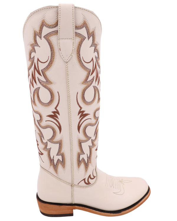 Bone color roper toe boot with tan, white and brown stitching and walking heel