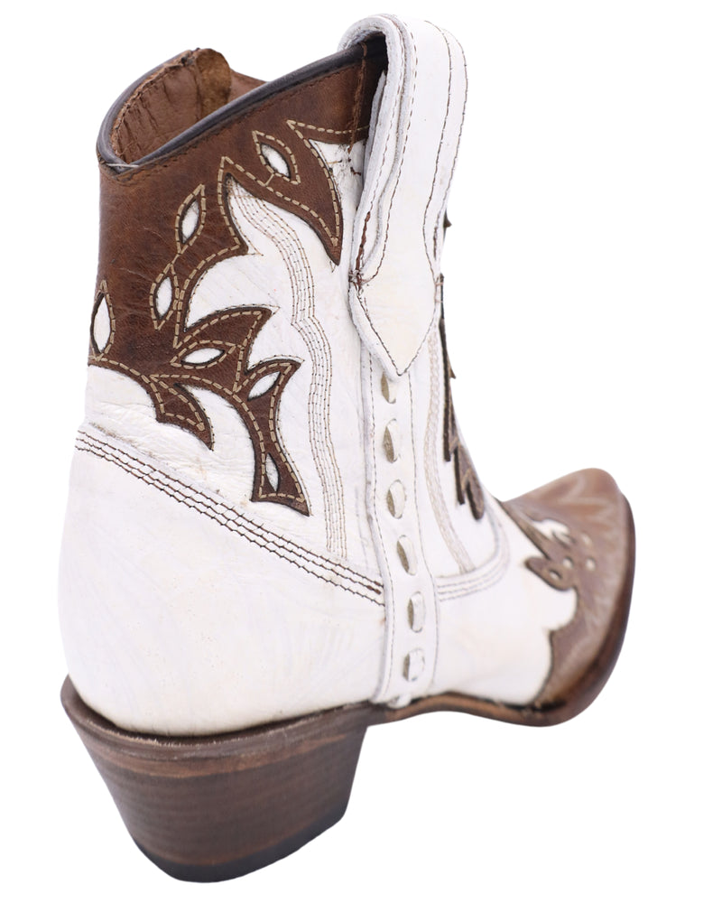 7.5 inch cowgirl booties in a pearly white leather with browl leather overlay. This is a snip toe bootie with zipper for easy access