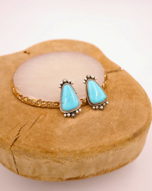 TURQUOISE TRIANGLE FRAMED POST EARRING .