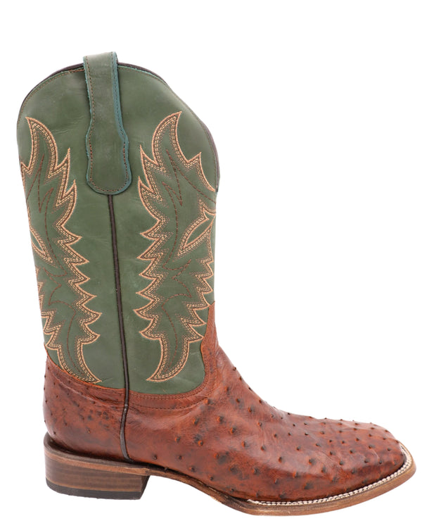 Men's cowboy boot with ostrich leather on the vamp, green leather shaft and wide square toe