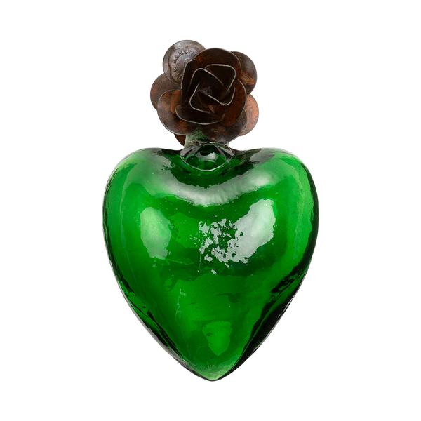 Green mouthblown glass heart with tiny rose