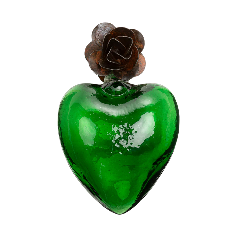 Green mouthblown glass heart with tiny rose