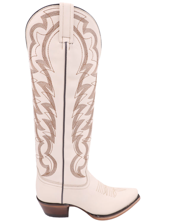 Women's cowgirl boot in a bone leather color and brown stitching on the shaft and vamp 