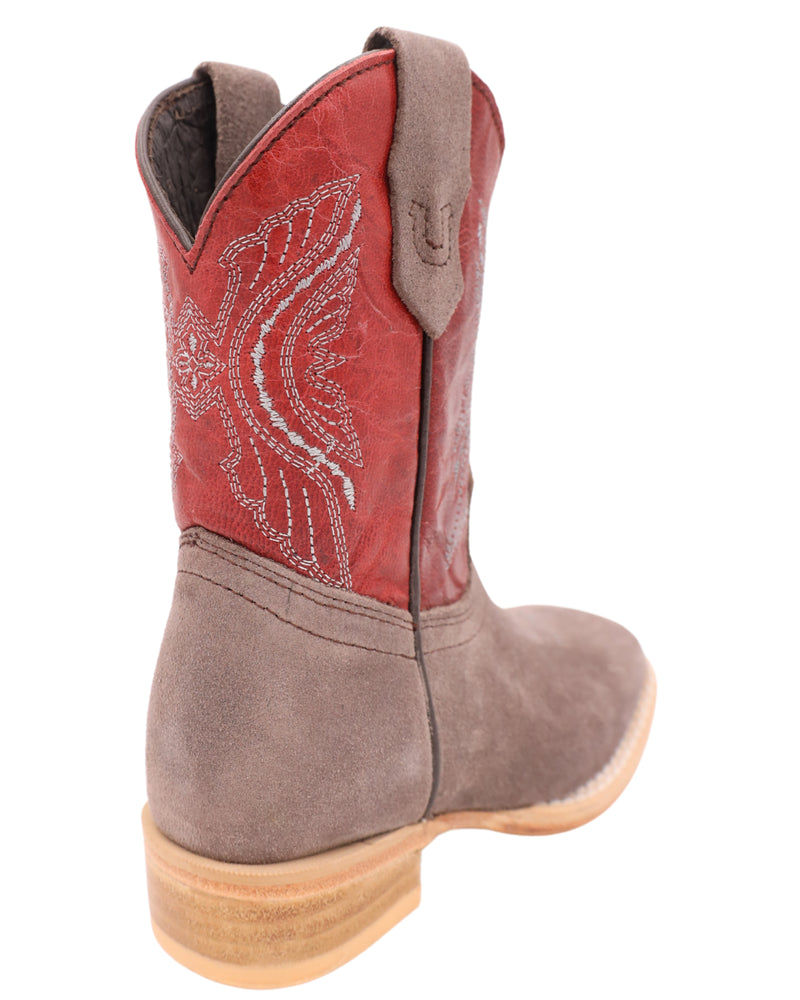charcoal rough out and dark cherry cowhide kids western boots