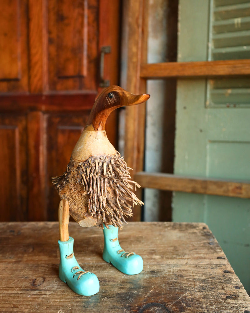 WOODEN DUCK WITH TURQUOISE BOOTS FIGURINE 