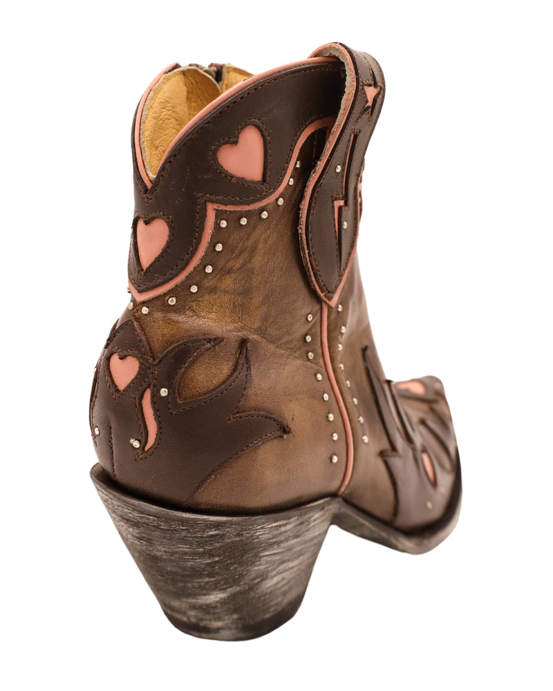 Brown bootie with pink heart, star and lightning bolt embellishments