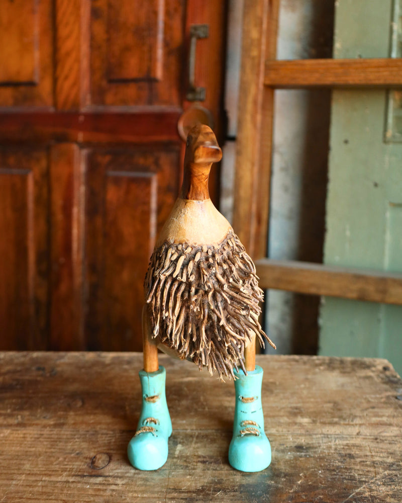 WOODEN DUCK WITH TURQUOISE BOOTS FIGURINE 